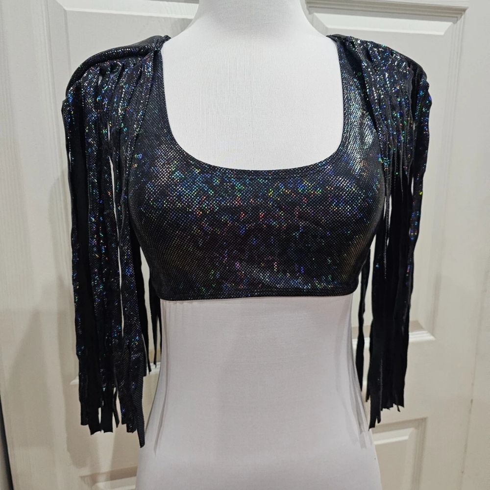Dolls Kill Black Holographic Rave Roma Holo Shimmer Fringe Crop Top S New - Picture 5 of 7